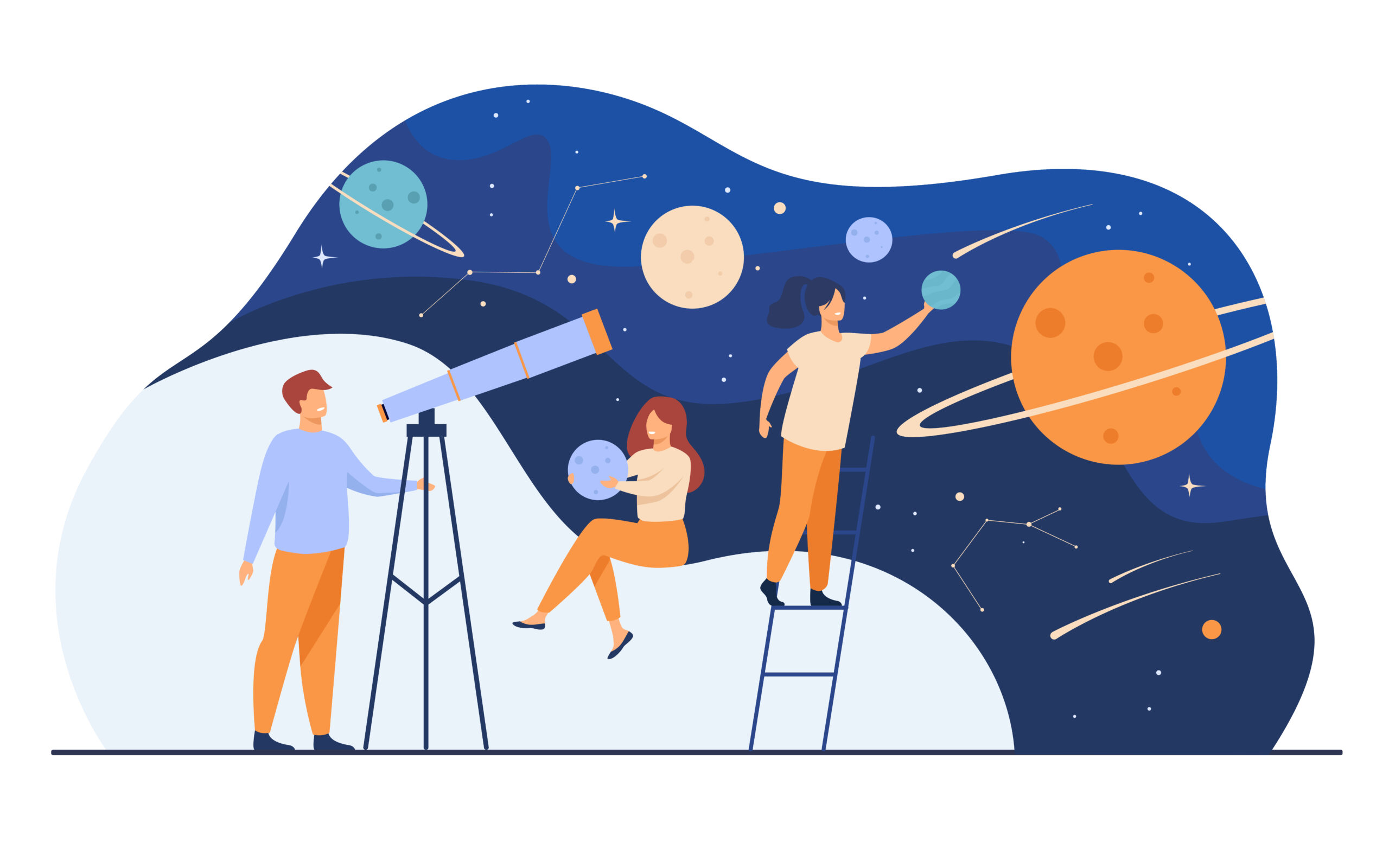 Man studying galaxy through telescope Man studying galaxy through telescope. Women holding planets models, watching meteors and constellation of stars. Flat vector illustration for horoscope, astronomy, discovery, astrology concepts