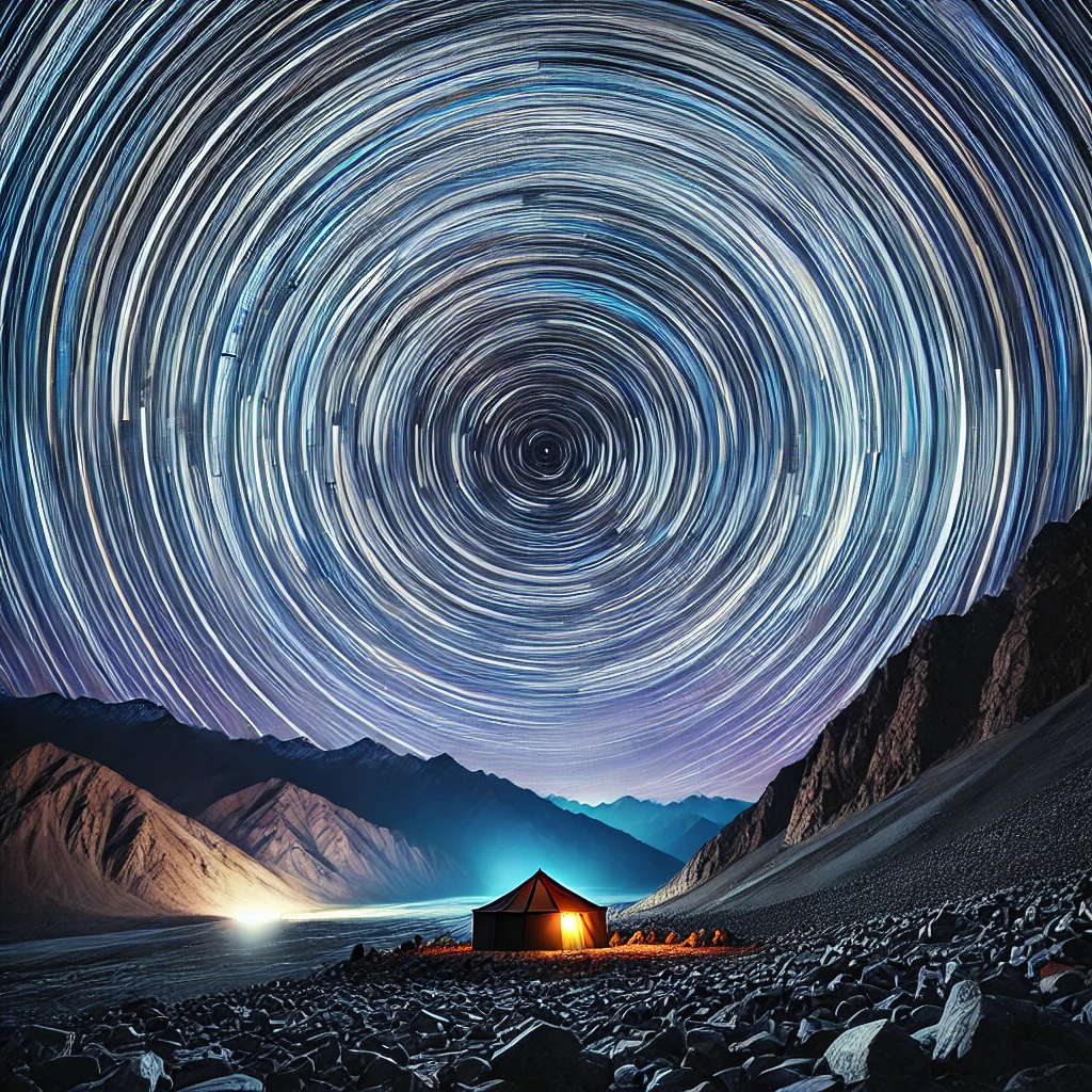DALL·E 2025-03-23 23.42.02 - A stunning vertical image of a star trail over the mountains of Ladakh. The night sky is filled with circular star trails in shades of blue, white, an Best Night Sky Photography Spots in Ladakh